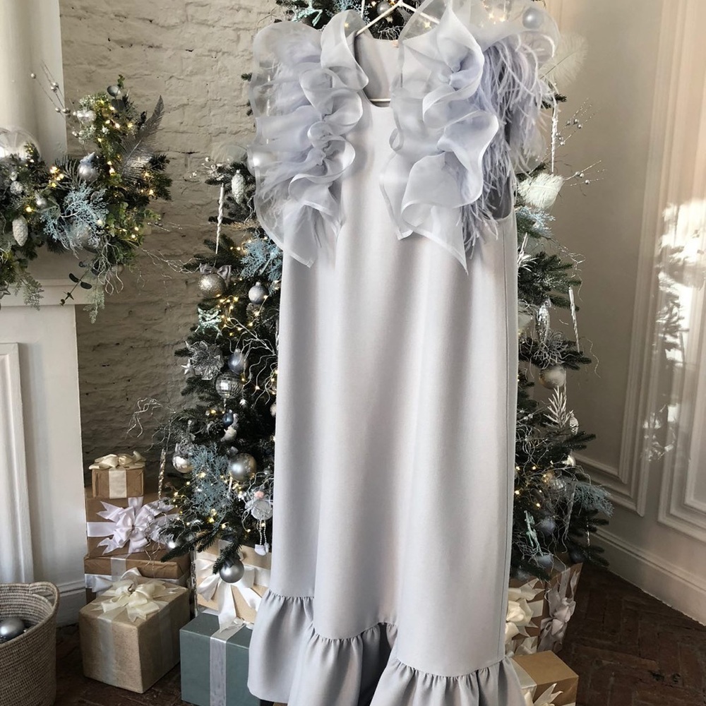 Feather and organza sleeve dress.